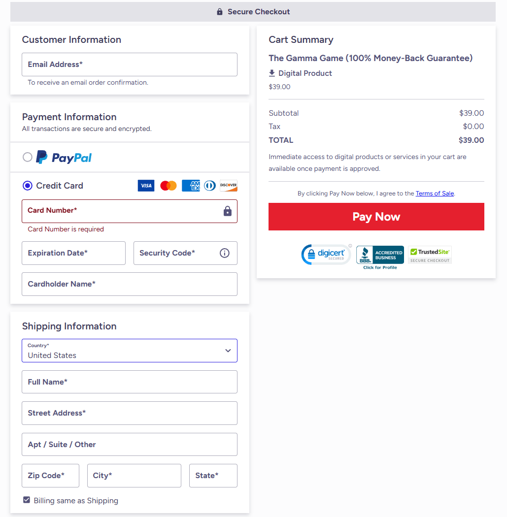 Gamma Game order page